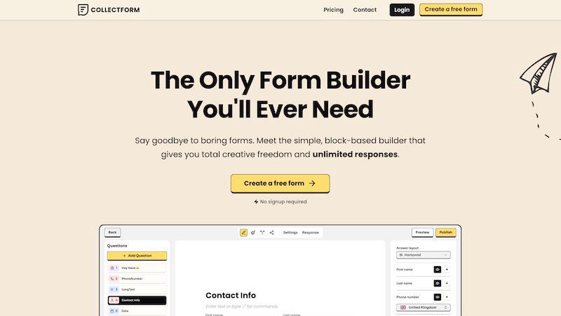 Collectform application interface and features