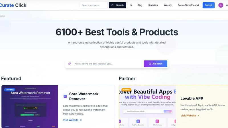 Curate Click application interface and features