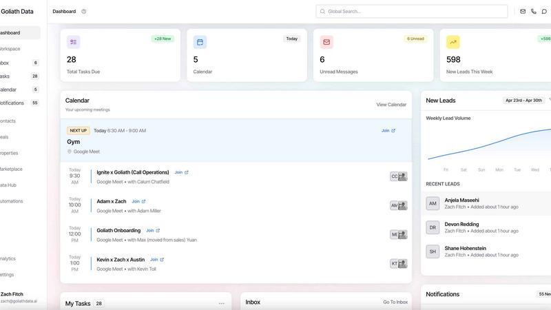 Goliath Data Real Estate CRM application interface and features