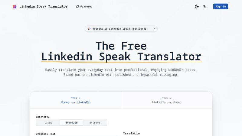 Linkedin Speak Translator application interface and features