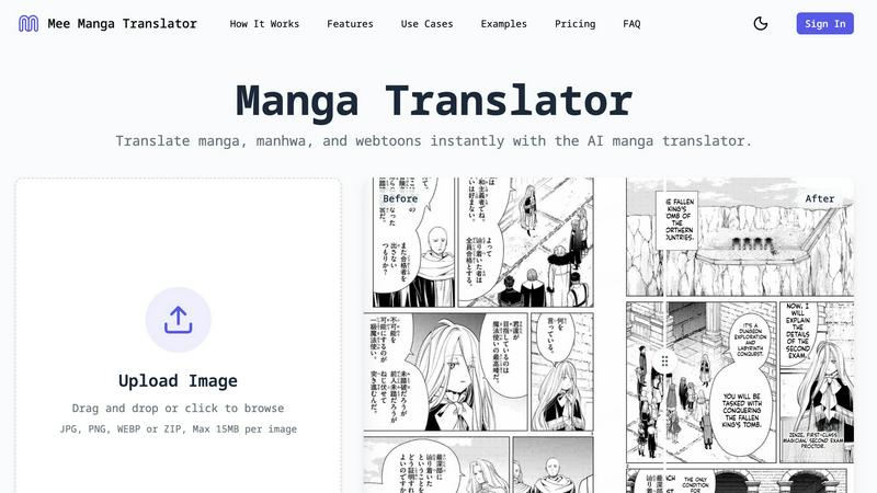 Mee Manga Translator application interface and features