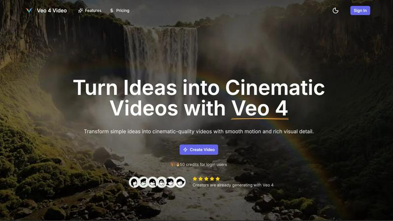 Veo 4 AI Video Generator application interface and features