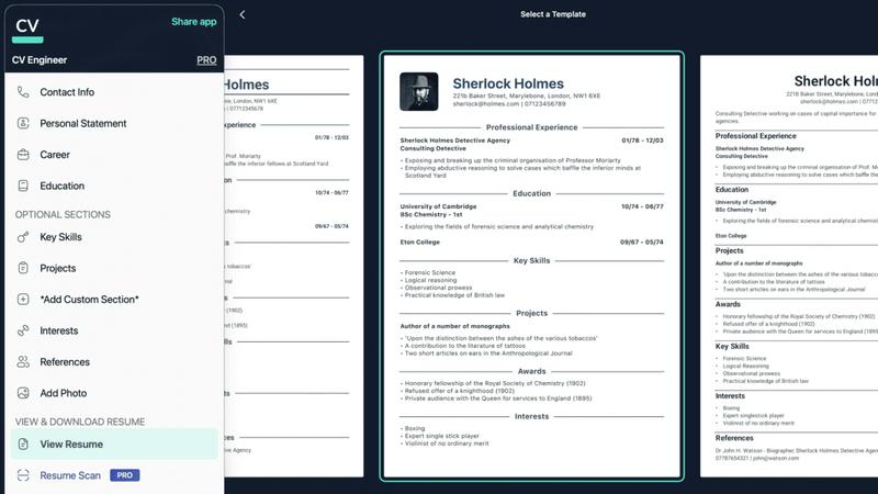 CV Engineer application interface and features