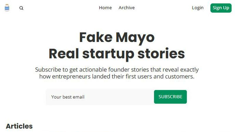 Fake Mayo Startup Stories application interface and features