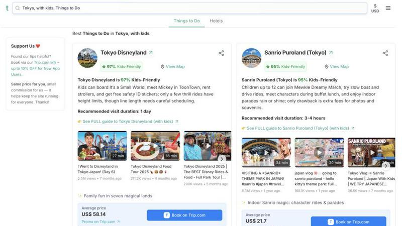 TravelToWith application interface and features