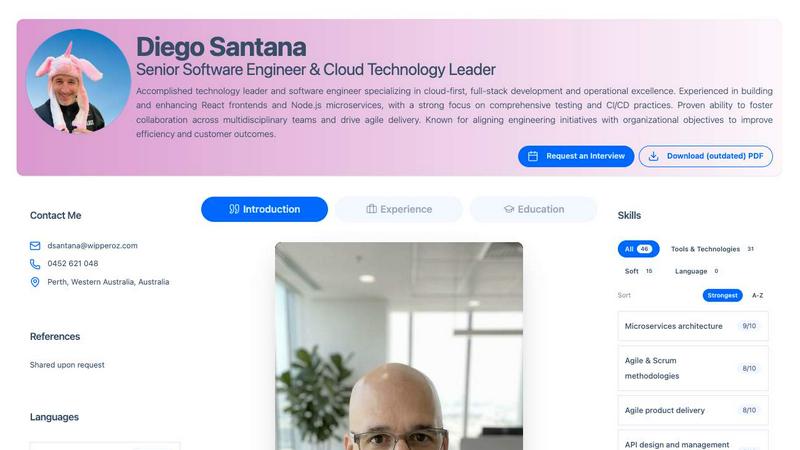 Virtual CV application interface and features